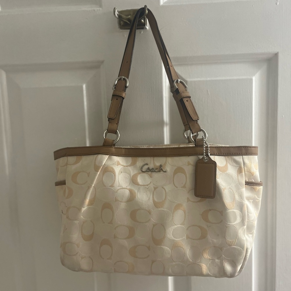 Coach Cream and Tan Shoulder Bag with Signature Monogram